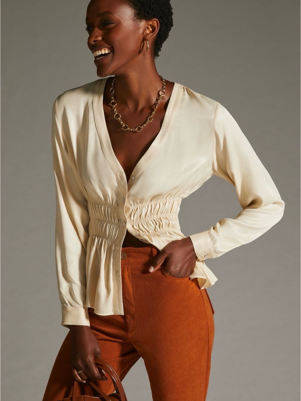 Anthropologie Smocked Satin Blouse Ivory Medium